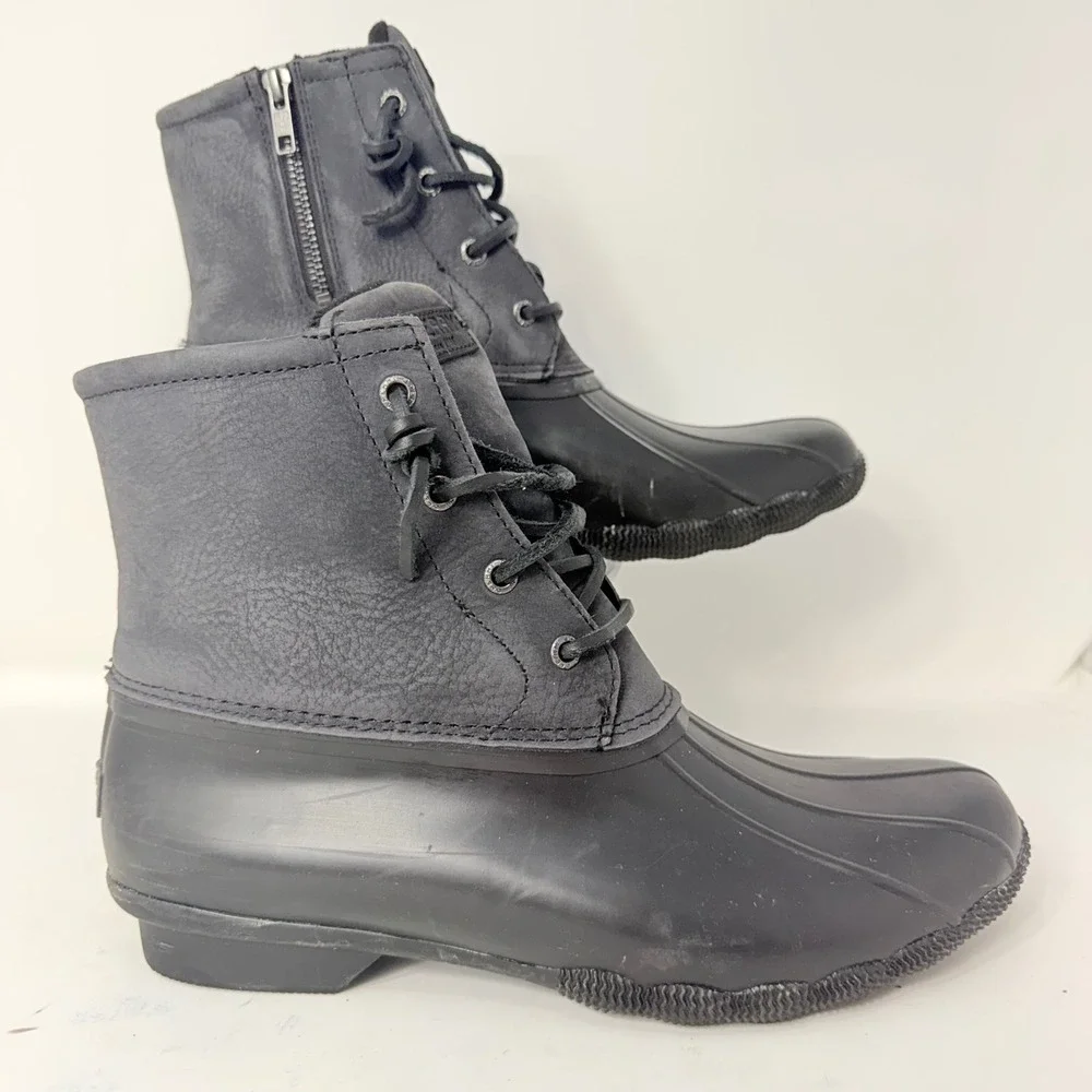 Sperry Saltwater Womens Black Leather Rubber Duck Boots STS88108 Size 11